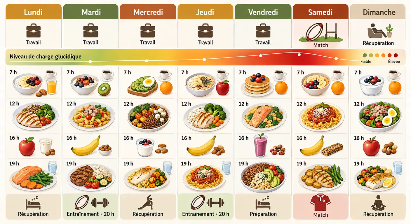 Semaine type d'alimentation d'un joueur de rugby amateur, du lundi au dimanche