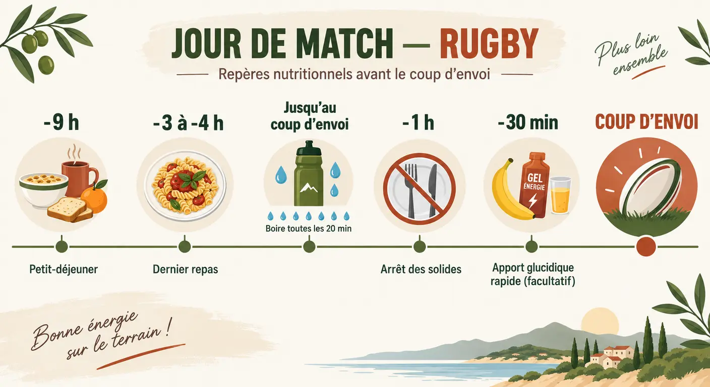 Frise horaire de l'alimentation le jour d'un match de rugby, du petit-déjeuner au coup d'envoi