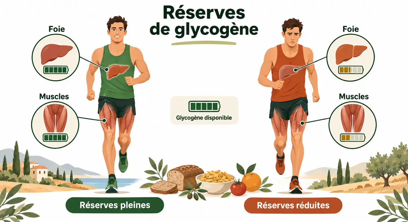 Schéma du stock de glycogène musculaire et hépatique chez le coureur de trail