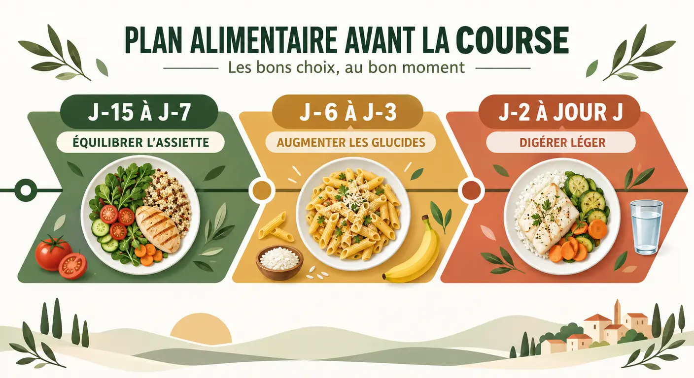 Frise chronologique du plan nutrition de J-15 au jour du trail
