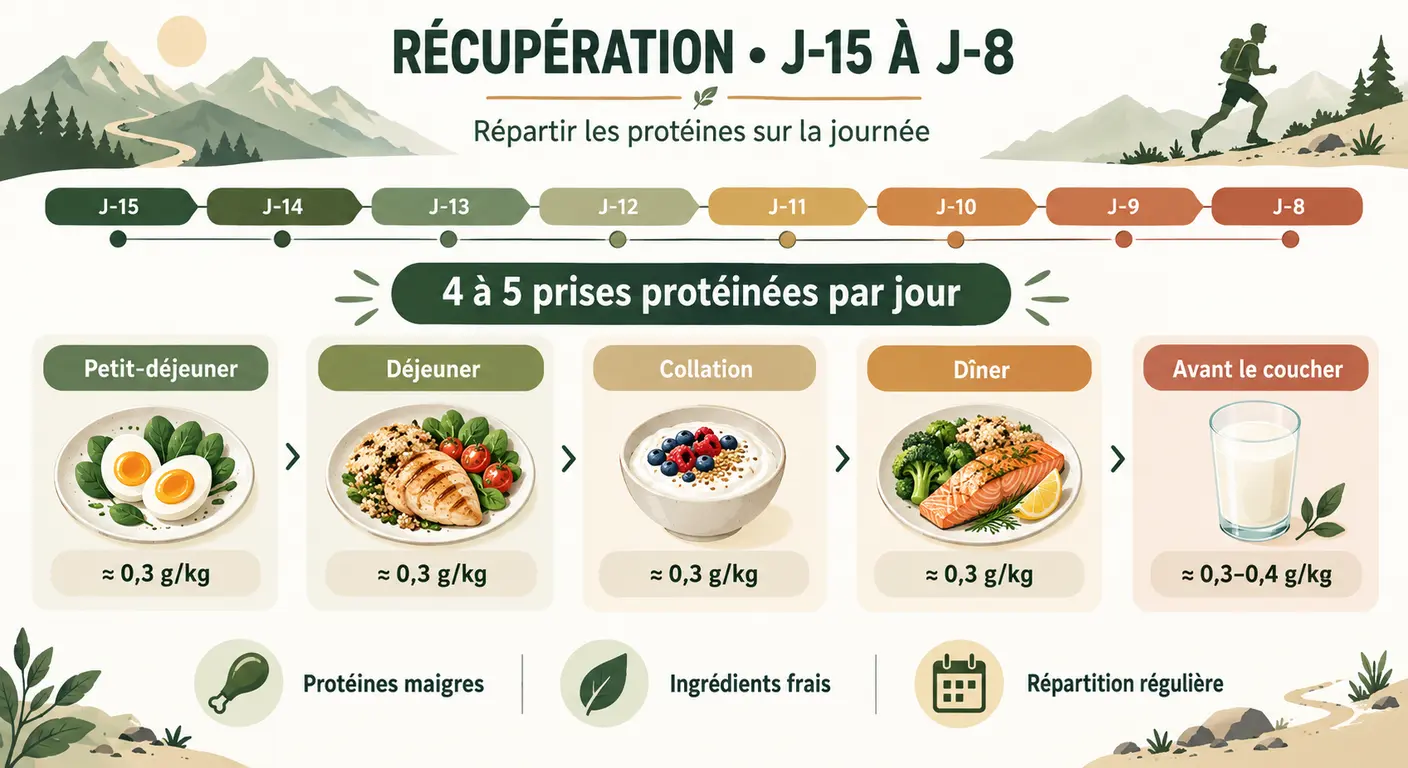 Répartition des apports protéiques et glucidiques de J-15 à J-8 avant un trail