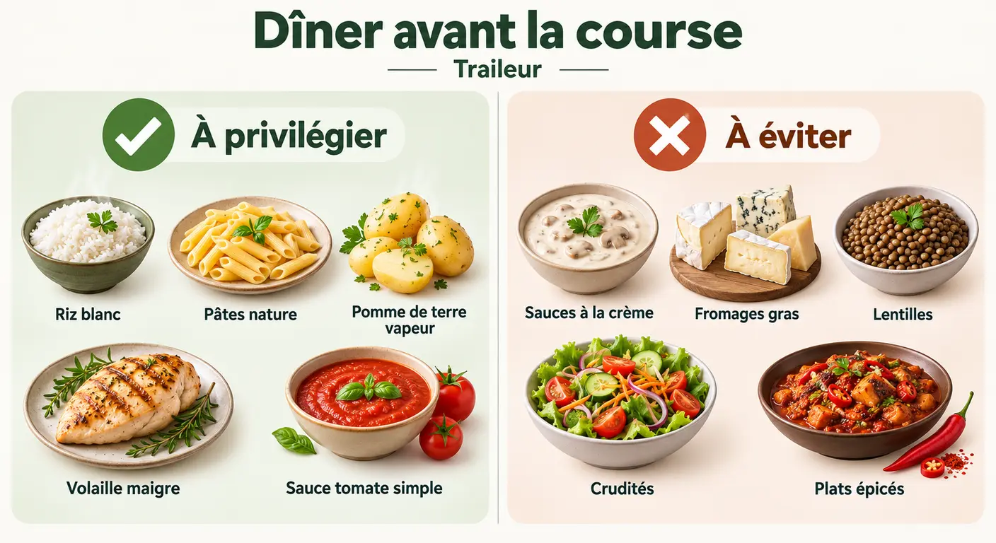 Comparatif des aliments à privilégier et à éviter au dîner de la veille d'un trail