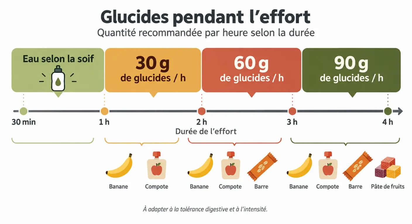 Quantité de glucides à consommer par heure selon la durée du trail