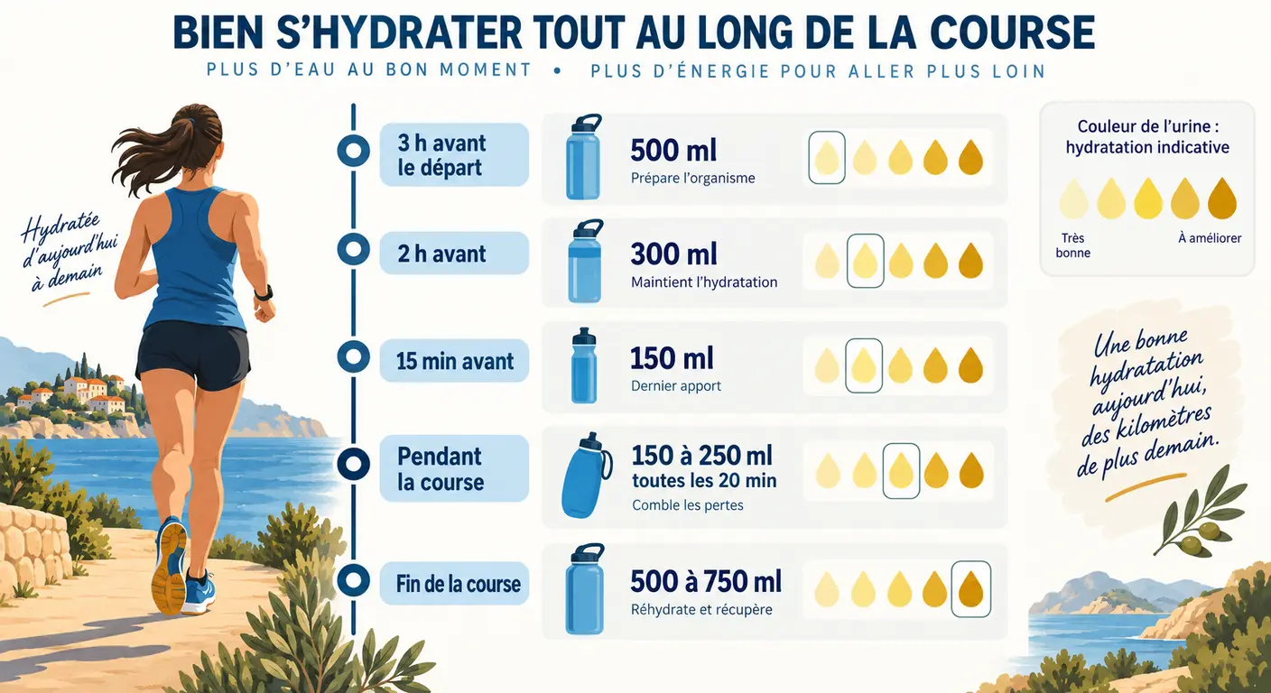 Protocole d'hydratation chronologique avant et pendant un trail