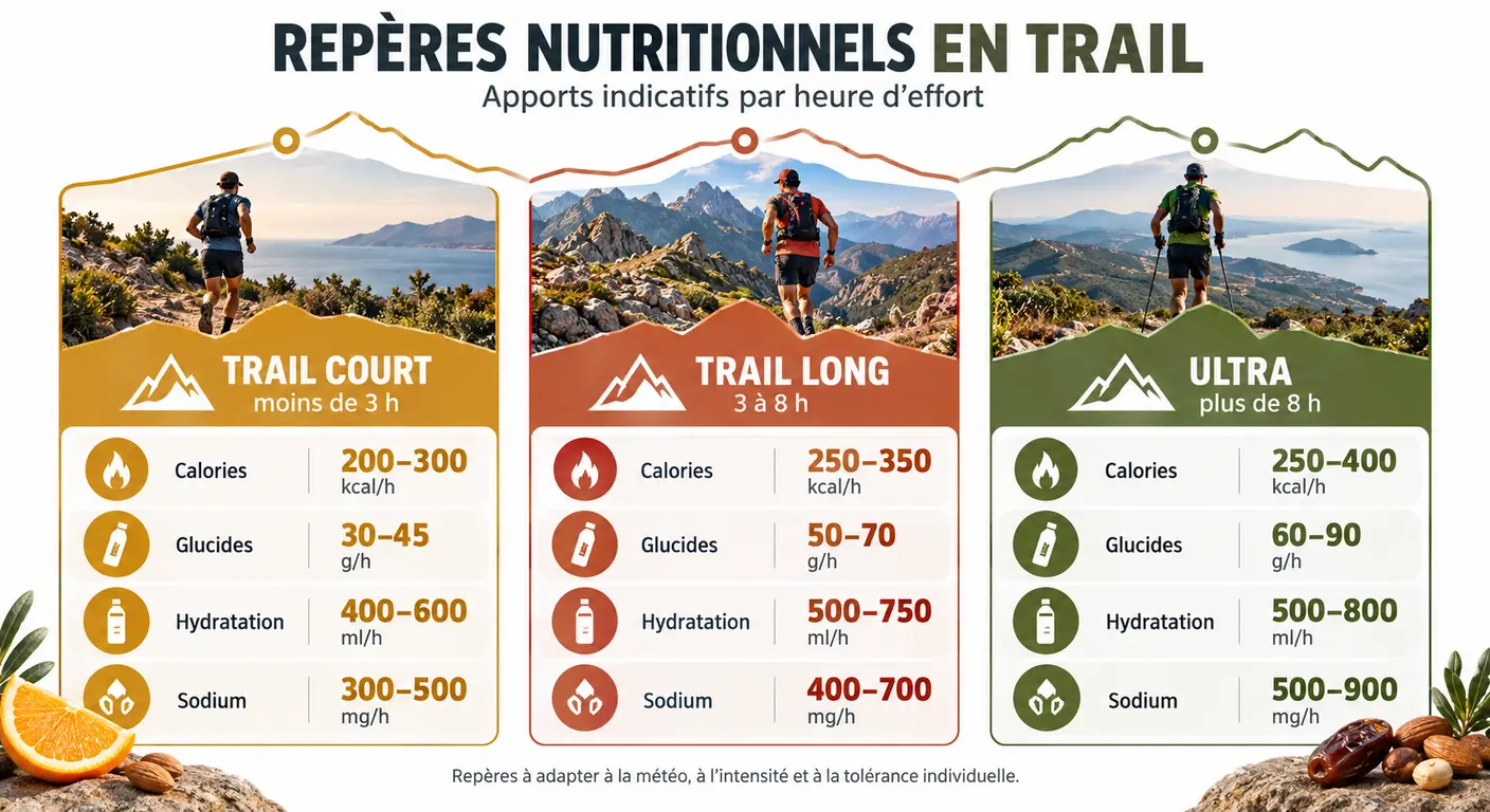 Frise verticale comparant les repères nutritionnels du trail court, du trail long et de l'ultra