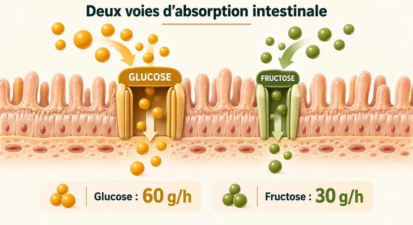 Schéma des deux voies d'absorption du glucose et du fructose et de leurs capacités horaires