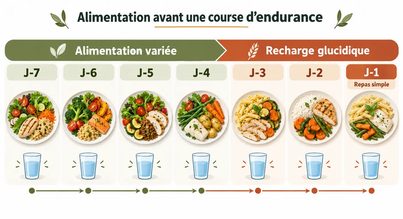 Calendrier des sept jours précédant une épreuve d'ultra avec les trois phases alimentaires