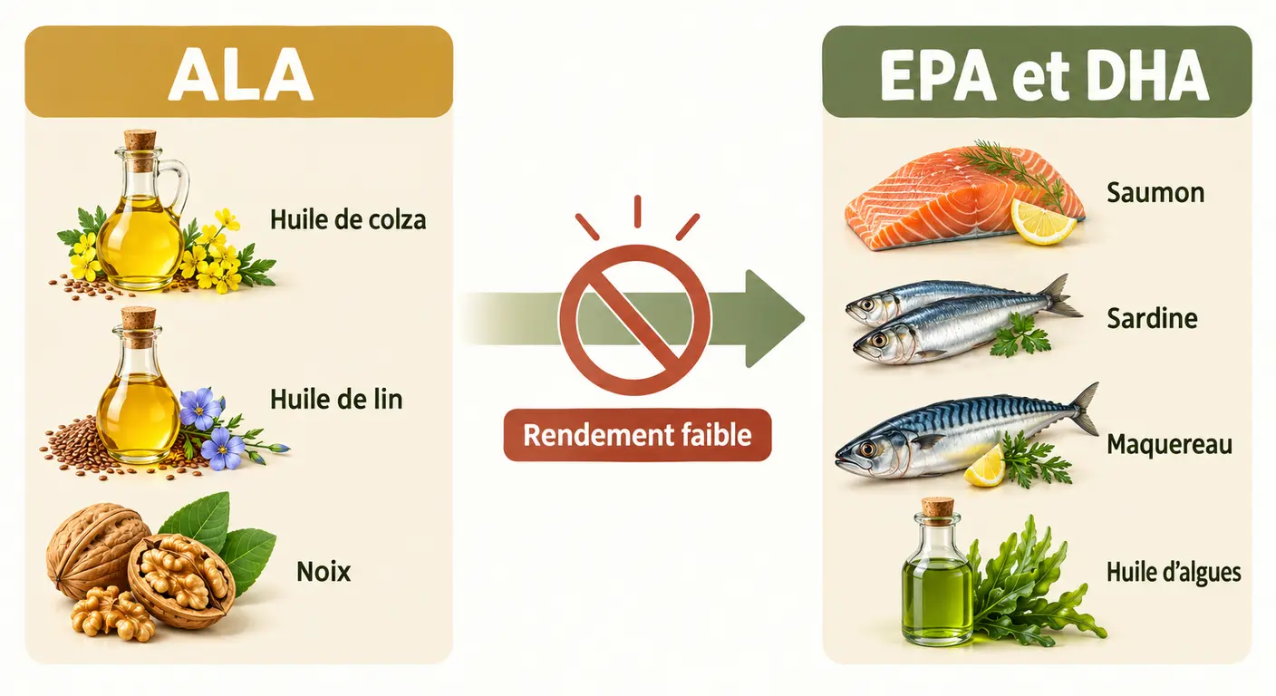 Infographie comparant l'ALA, l'EPA et le DHA et leurs sources alimentaires