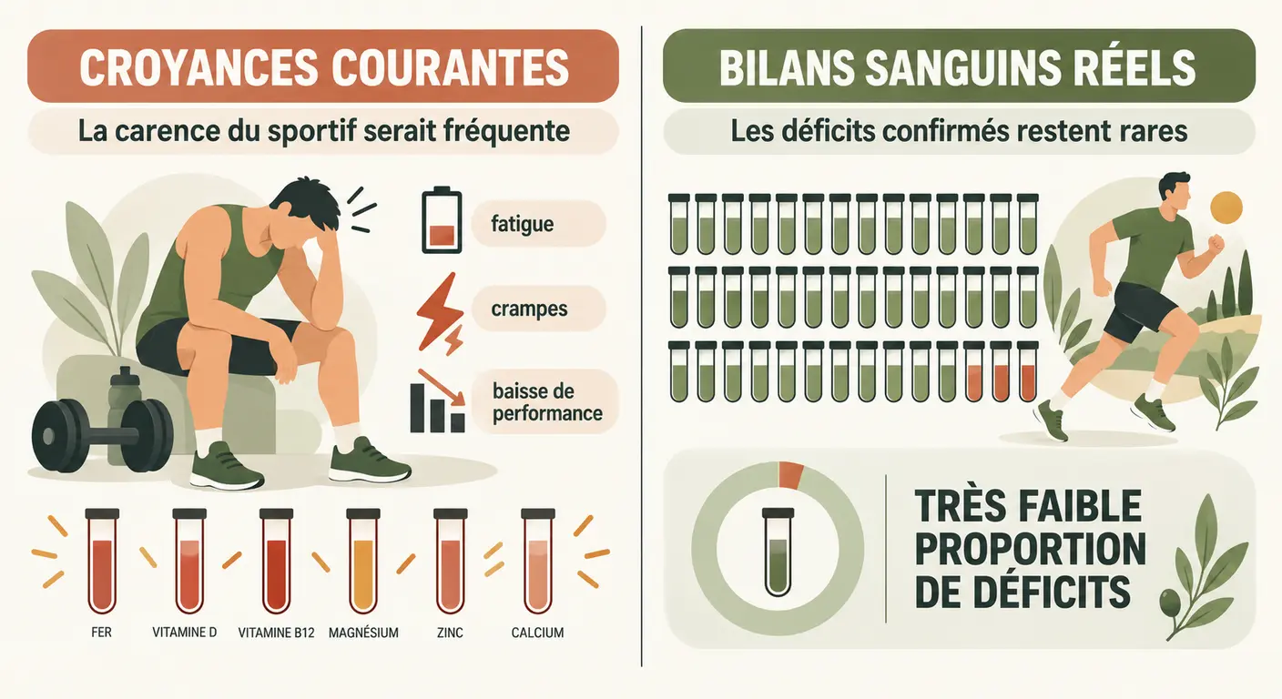 Infographie opposant le déficit en oméga-3 supposé chez le sportif et le déficit réellement mesuré