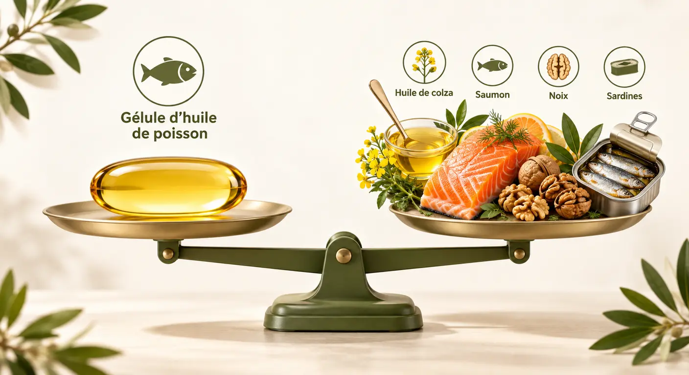 Infographie d'équivalences entre une gélule d'oméga-3 et des portions alimentaires courantes