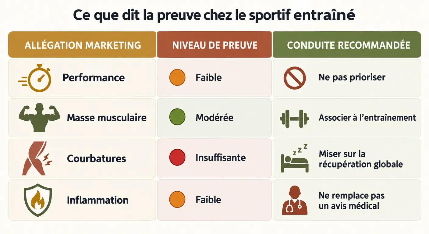 Infographie comparant les allégations sur les oméga-3 et le niveau de preuve chez le sportif