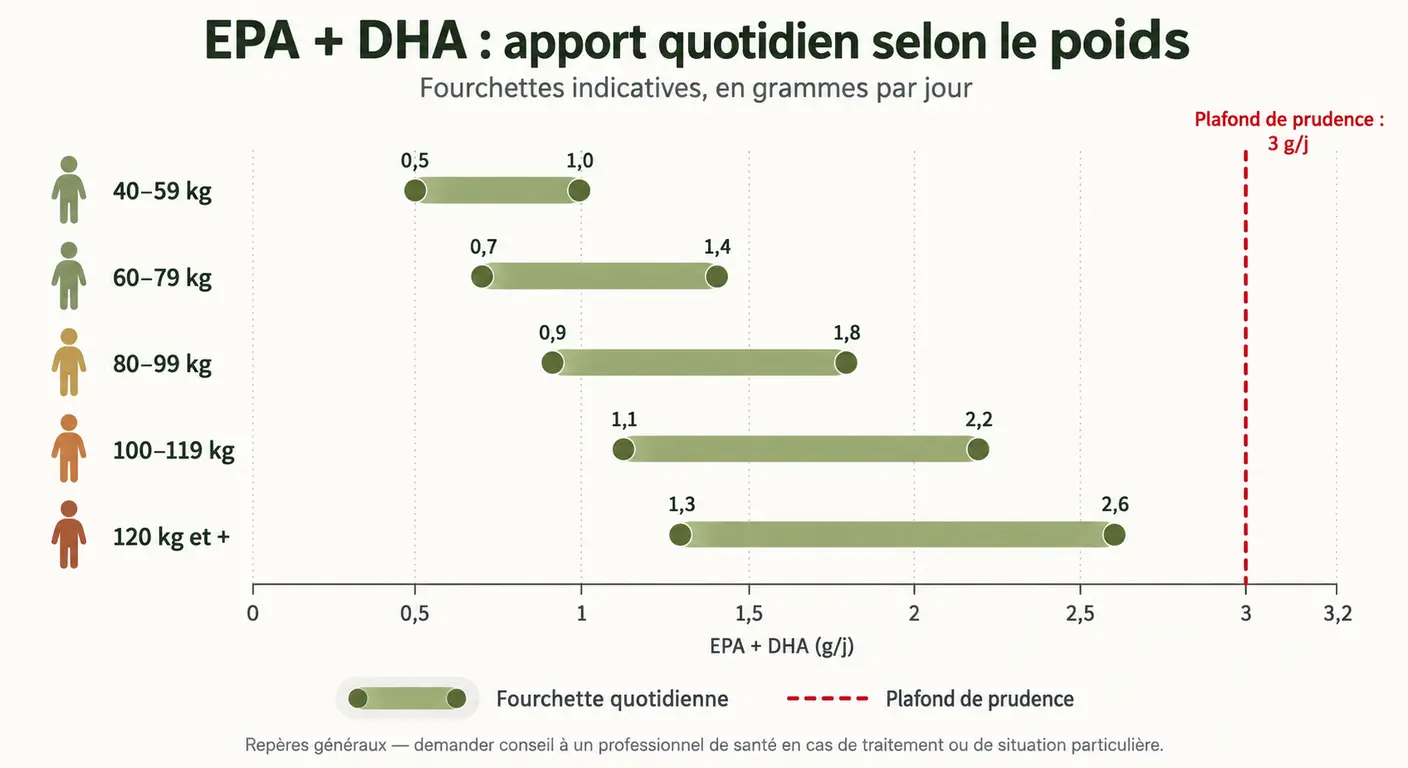 Infographie des doses repères d'EPA et DHA selon le poids de corps avec plafond de prudence