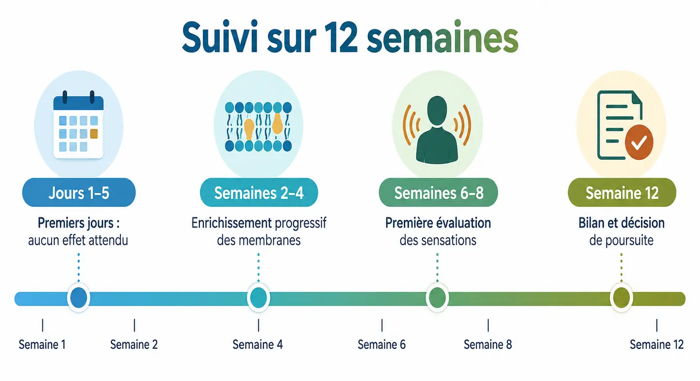 Infographie de la chronologie des effets d'une supplémentation en oméga-3 sur douze semaines