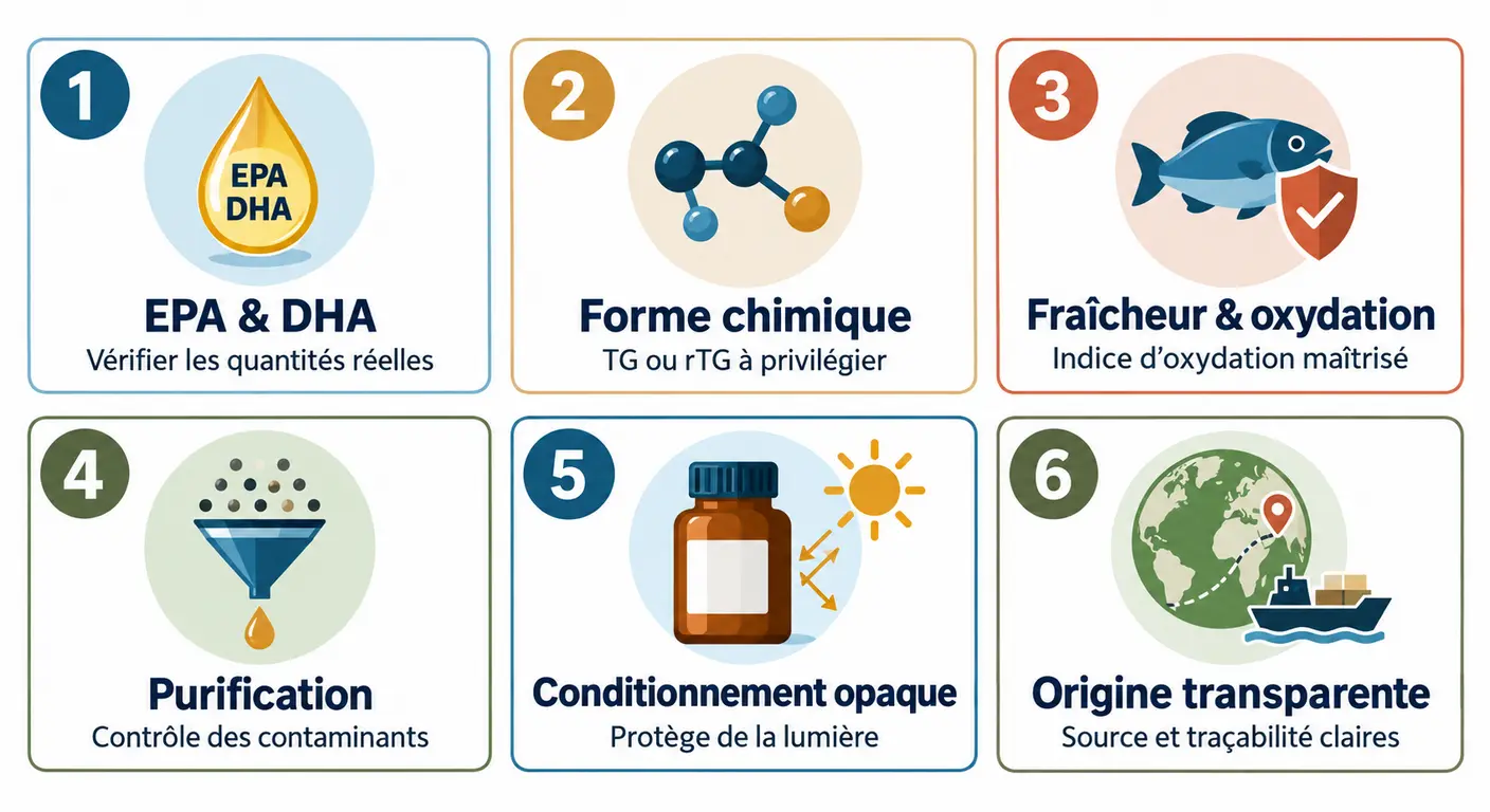Infographie des six critères de choix d'un complément oméga-3 pour sportif
