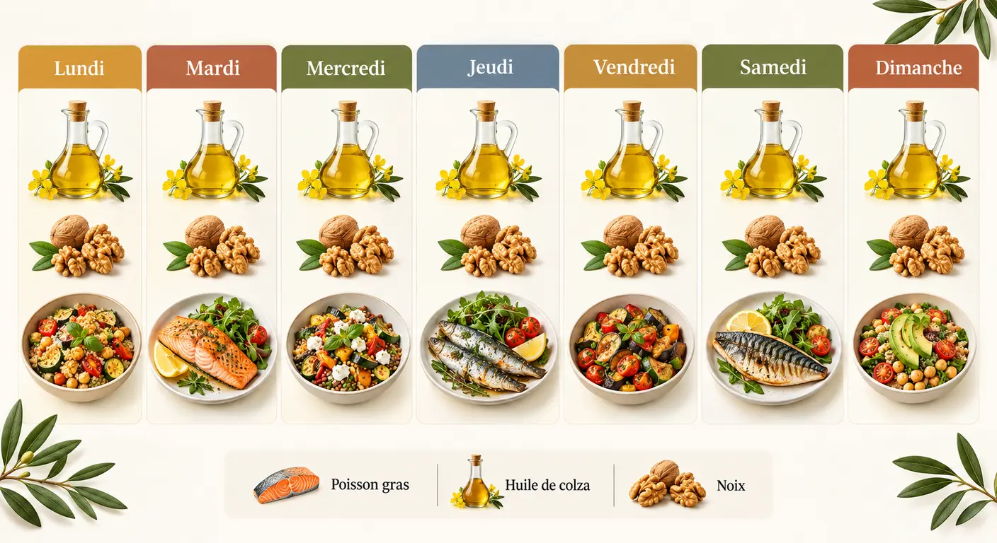 Infographie d'une semaine type couvrant les besoins en oméga-3 par l'alimentation