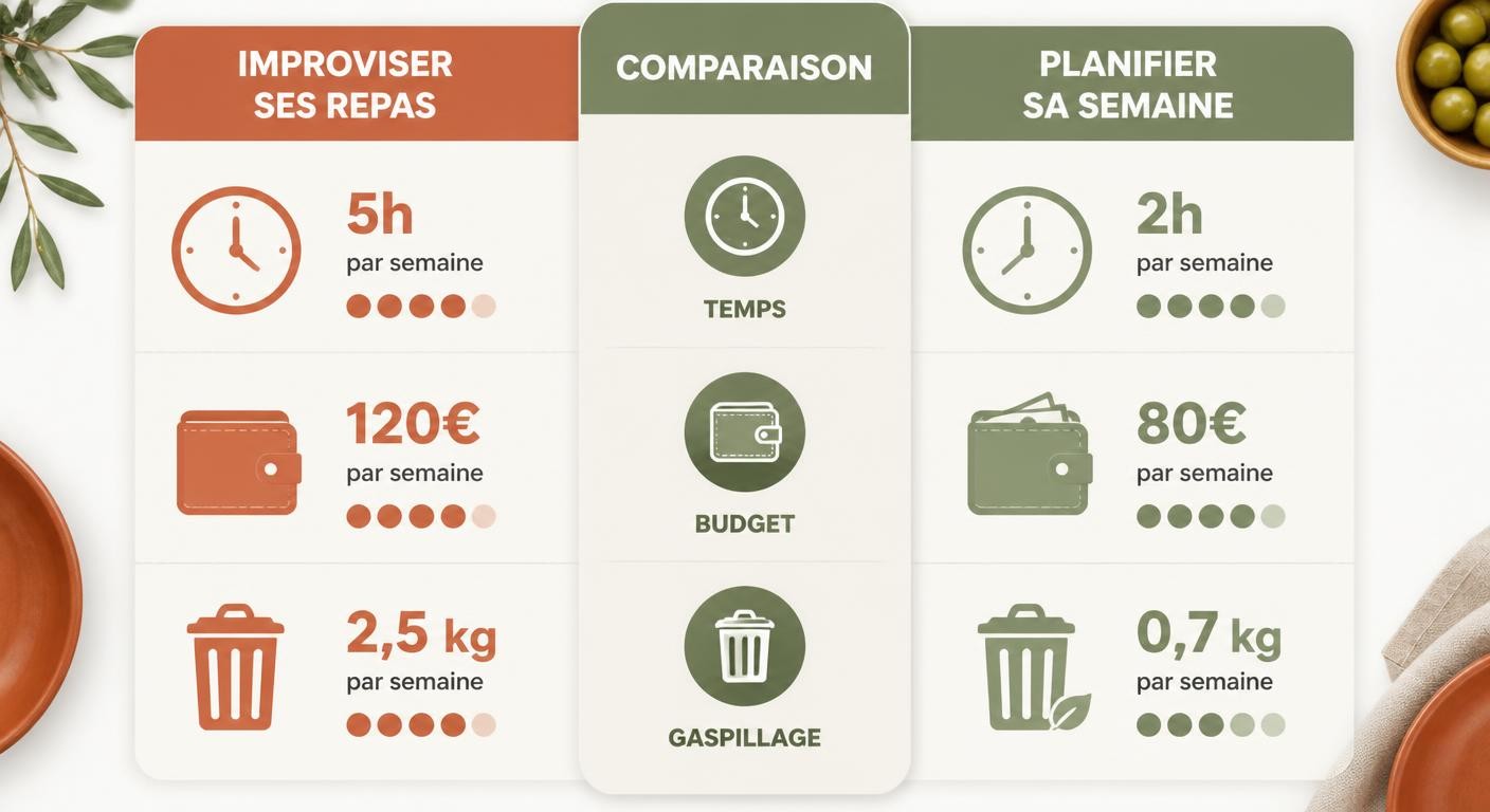 Infographie comparant le coût en temps, argent et gaspillage entre repas improvisés et repas planifiés