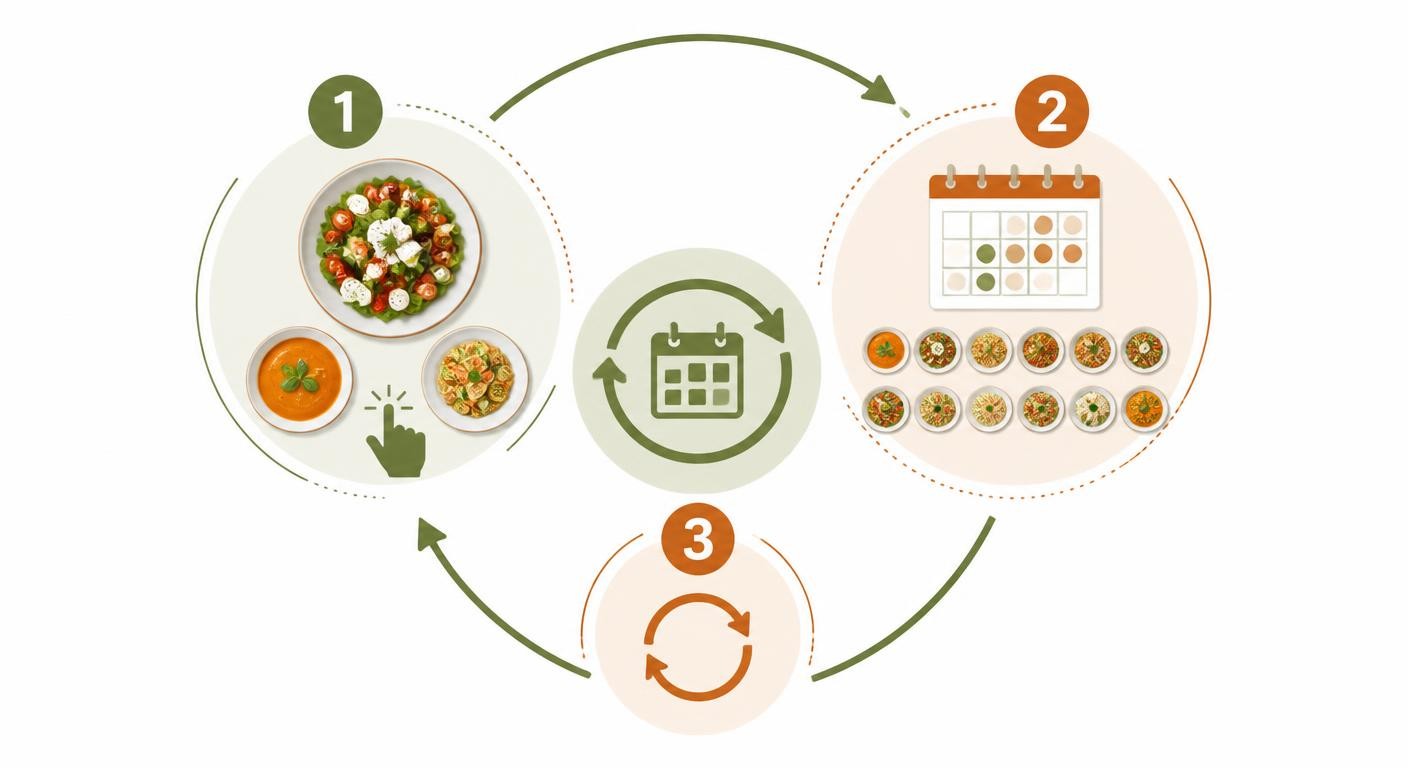 Infographie du menu rotatif présentant les trois étapes du cycle de deux semaines