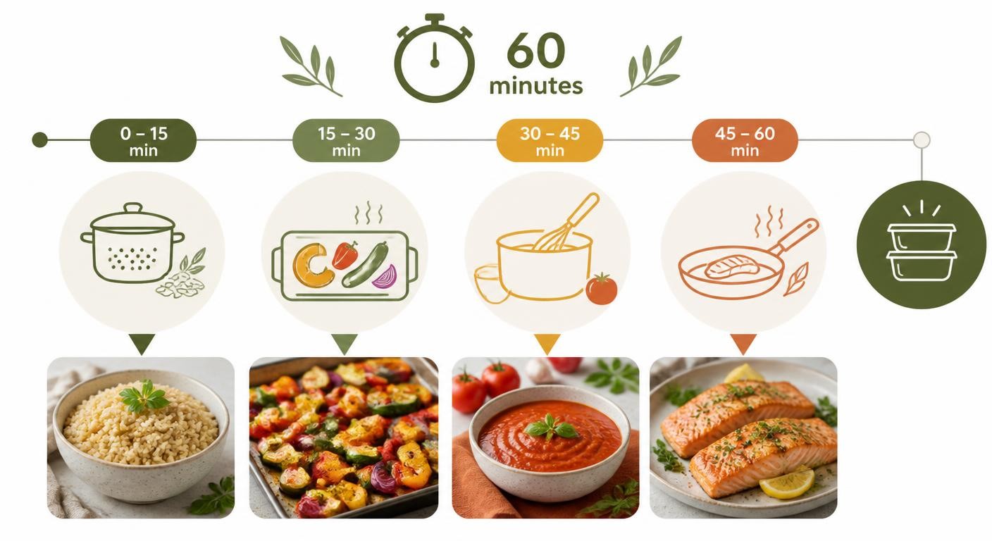 Infographie de la timeline d'une session de batch cooking de soixante minutes