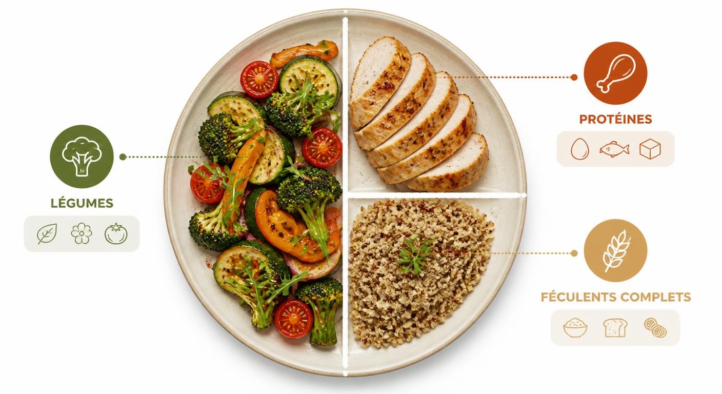 Infographie d'une assiette équilibrée répartie en protéines, légumes et féculents