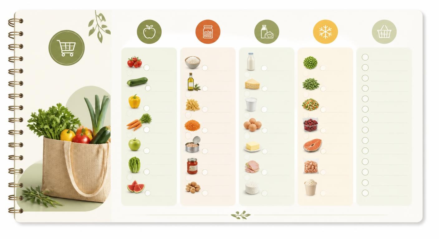 Infographie d'une liste de courses hebdomadaire organisée par rayons