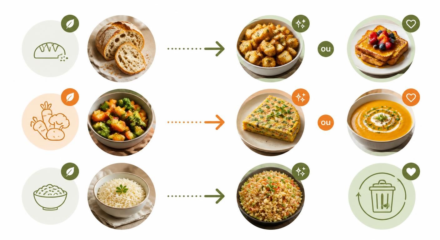 Infographie des transformations anti-gaspillage de restes alimentaires en nouveaux plats gourmands