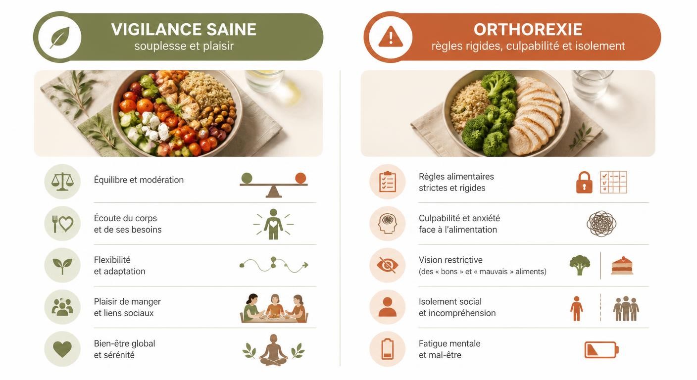 Infographie comparant l'alimentation saine et l'orthorexie