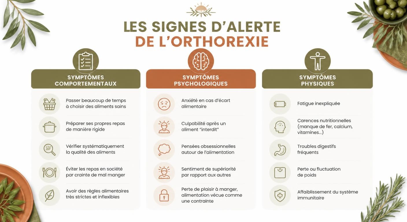 Infographie des symptômes comportementaux, psychologiques et physiques de l'orthorexie