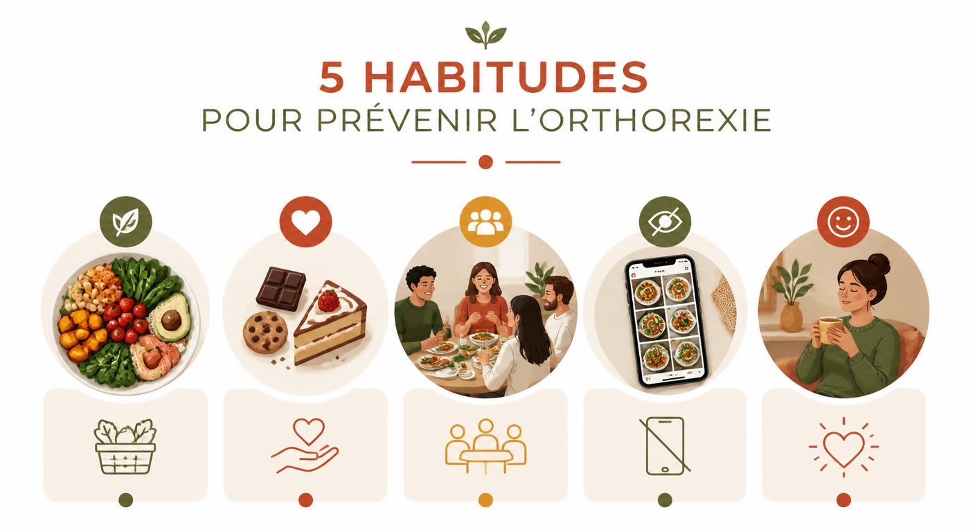 Infographie des habitudes pour prévenir l'orthorexie et manger équilibré sereinement