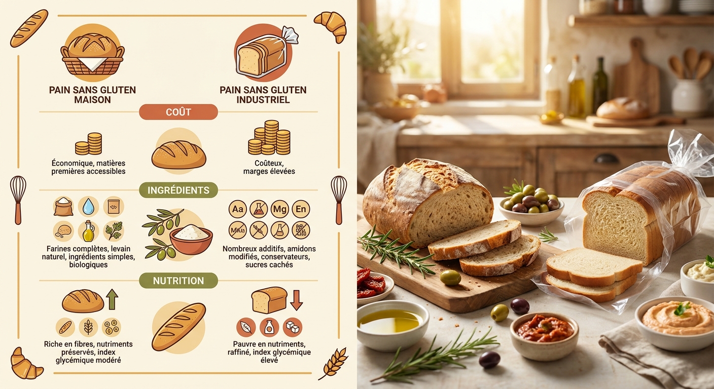 Infographie comparant le pain sans gluten maison et industriel