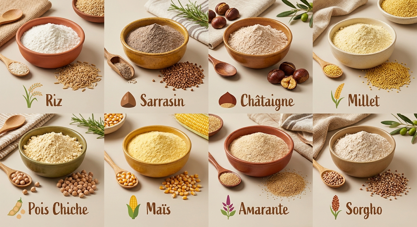Infographie des 8 farines sans gluten utiles pour le pain maison