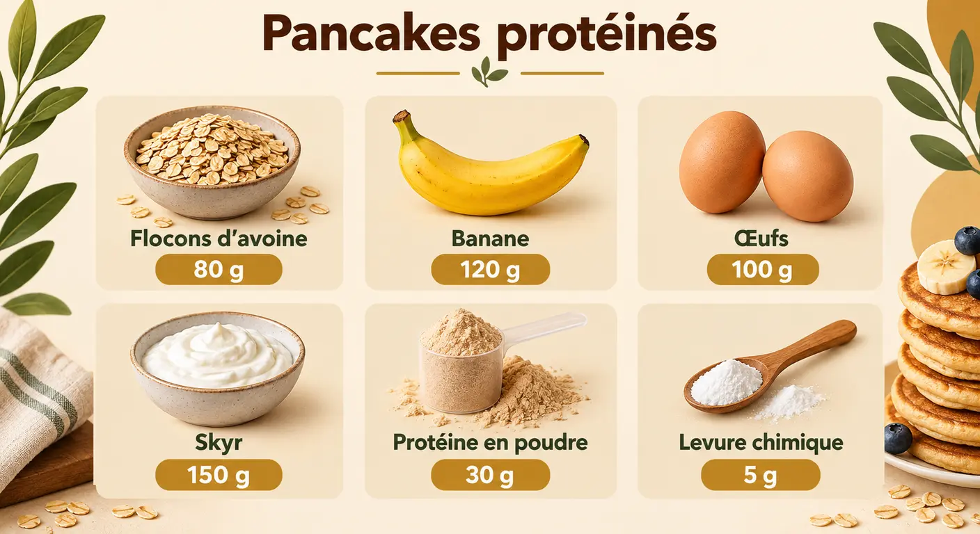 Infographie des six ingrédients de la recette de pancakes protéinés avec leurs quantités en grammes