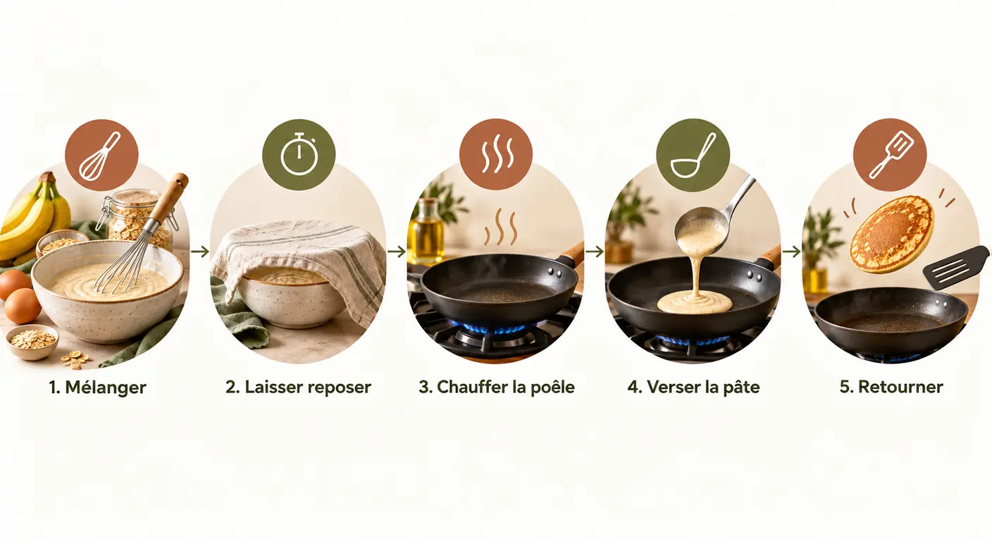 Infographie des cinq étapes de préparation de la recette de pancakes protéinés