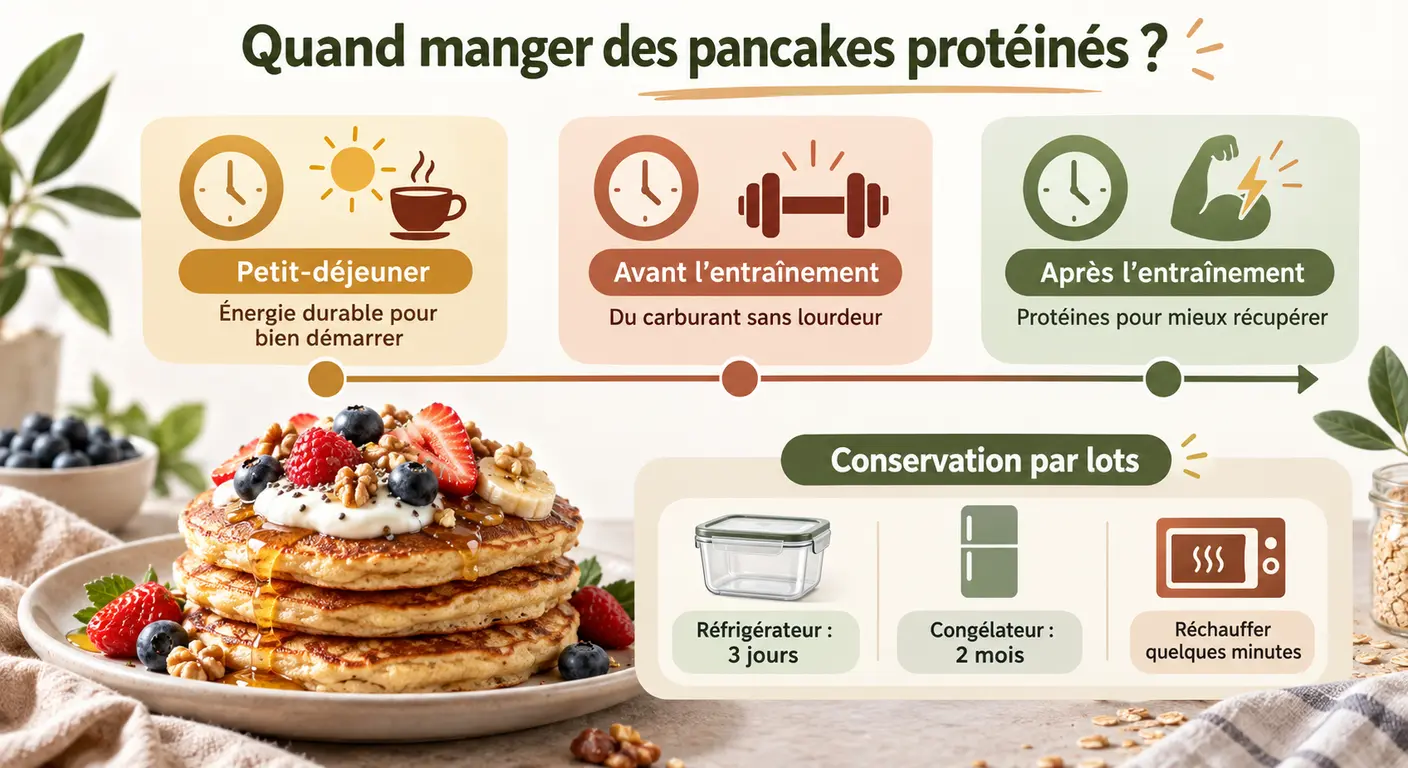 Infographie des trois moments de consommation des pancakes protéinés et du protocole de préparation à l'avance