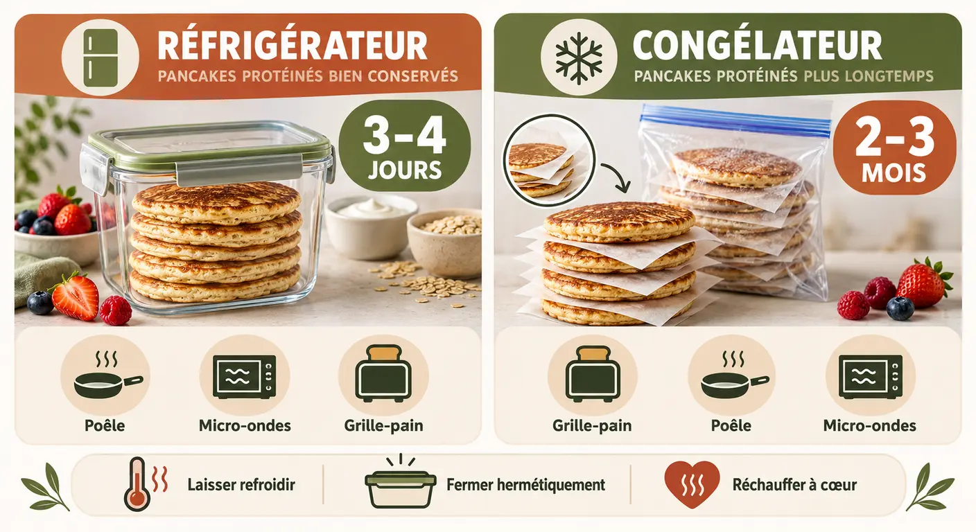 Infographie du protocole de préparation par lots des pancakes protéinés, conservation et réchauffage