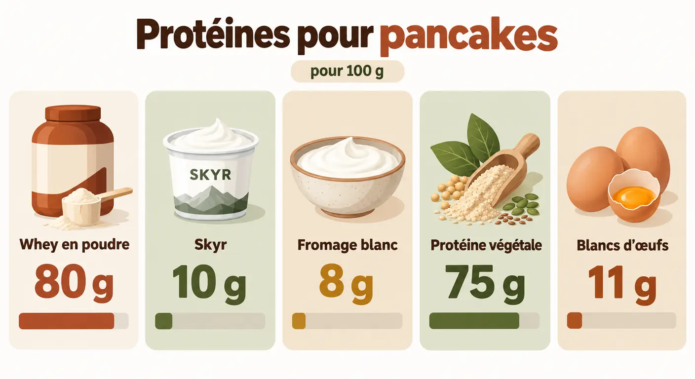 Infographie comparant cinq sources de protéines pour les pancakes protéinés et leur apport en grammes