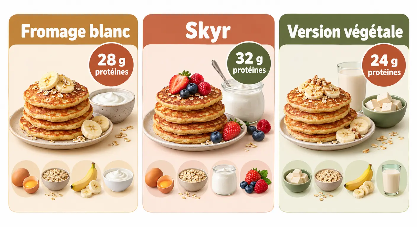 Infographie des trois versions de recette de pancakes protéinés sans whey