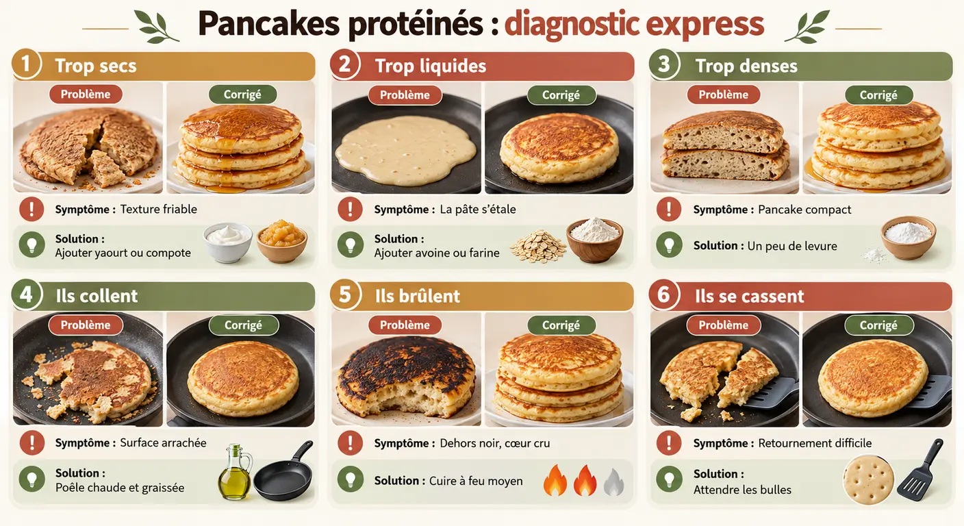 Infographie de diagnostic des six causes de pancakes protéinés secs ou compacts