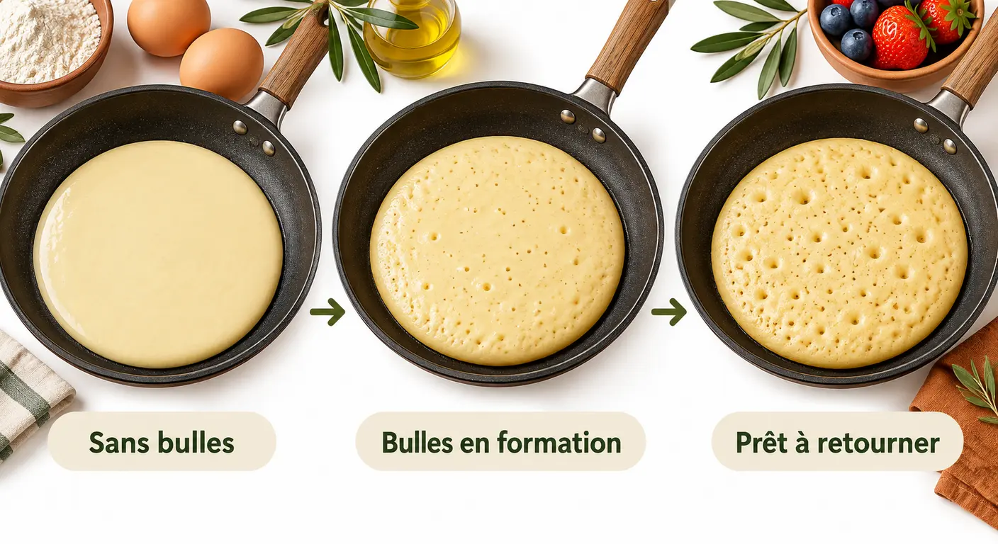 Infographie des trois signaux visuels du bon retournement d'un pancake protéiné