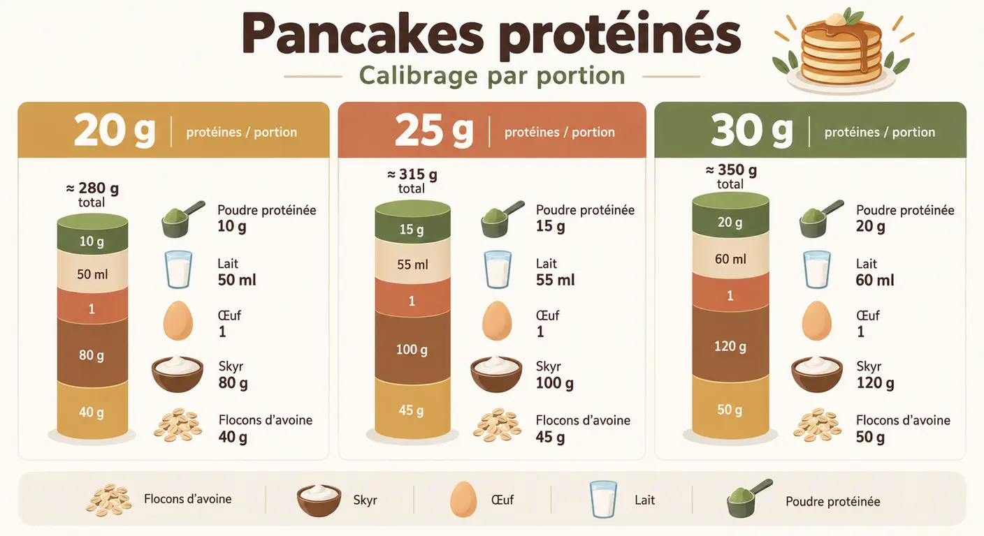 Infographie des trois calibrages de la recette de pancakes protéinés à 20, 25 et 30 grammes de protéines