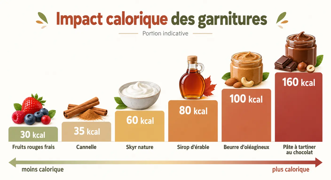 Infographie comparant l'impact calorique des garnitures de pancakes protéinés