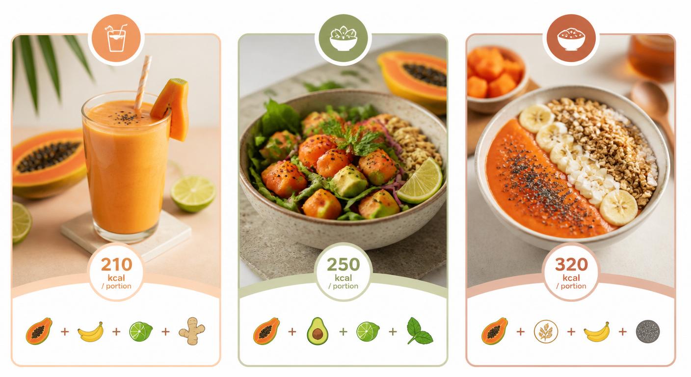 Infographie de trois recettes légères à base de papaye avec calories par portion