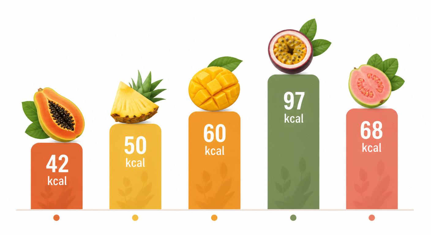 Infographie comparant les calories de la papaye, de l'ananas, de la mangue, du fruit de la passion et de la goyave