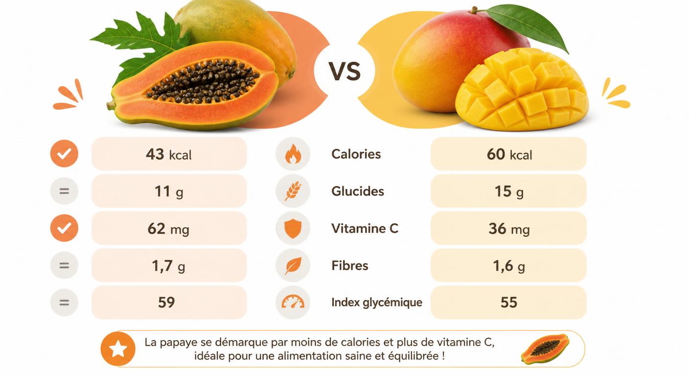 Infographie comparant la papaye et la mangue sur les critères nutritionnels clés