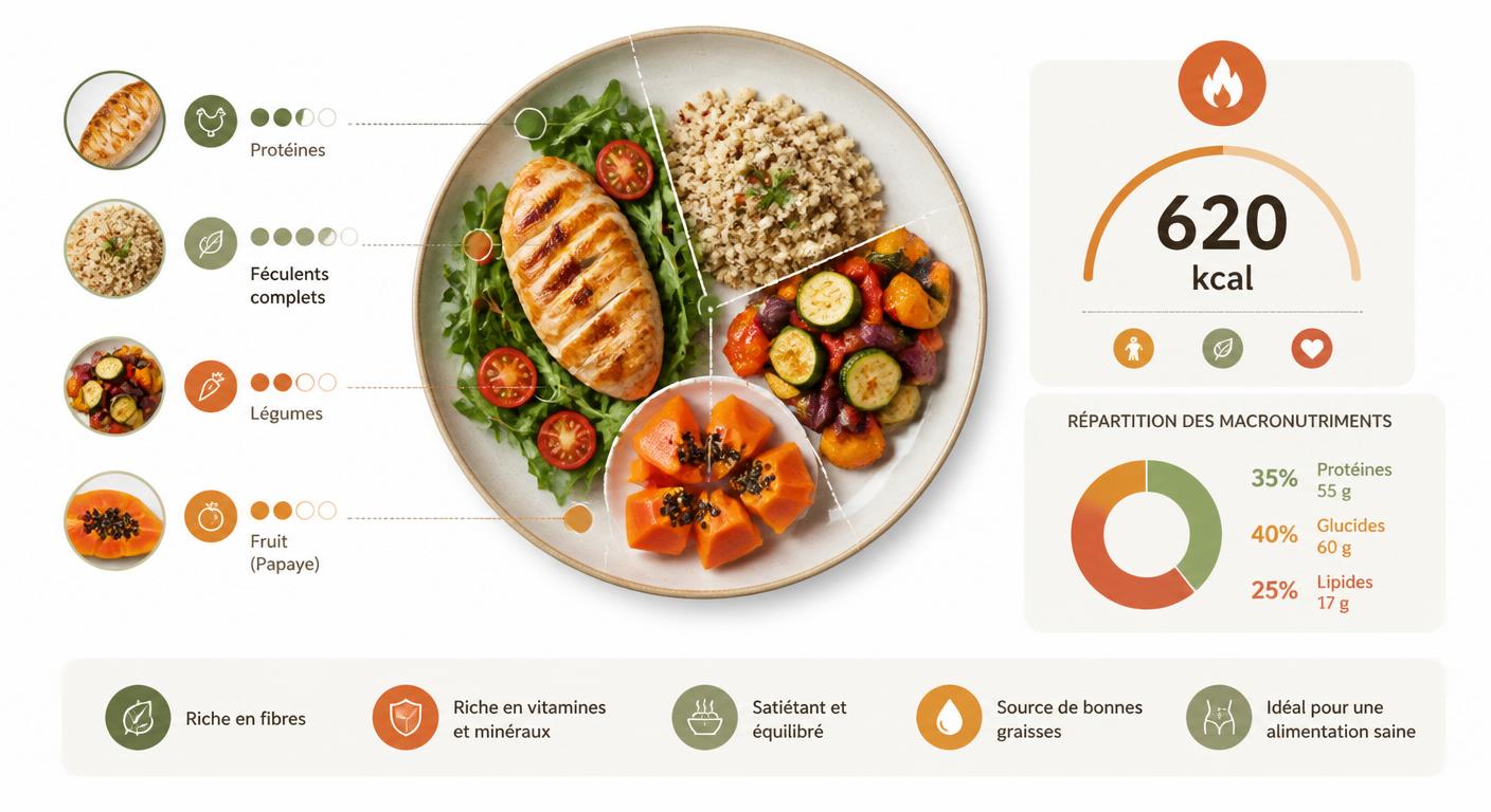 Infographie d'une assiette équilibrée intégrant la papaye avec bilan calorique