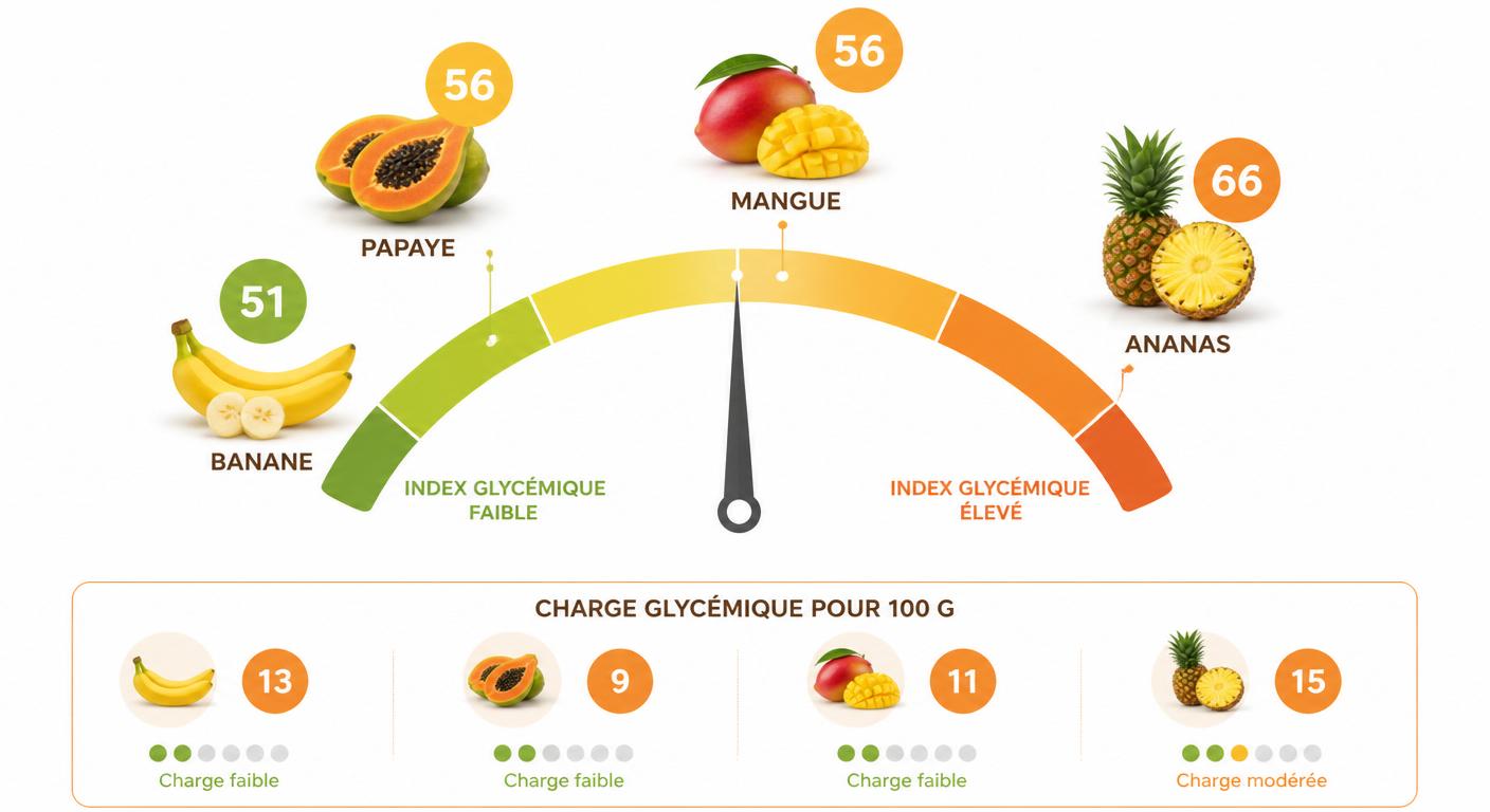Infographie comparant l'index glycémique de la papaye avec celui d'autres fruits tropicaux