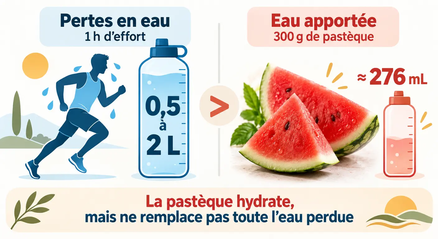 Pertes en eau par heure d'effort comparées à l'apport d'une portion de pastèque