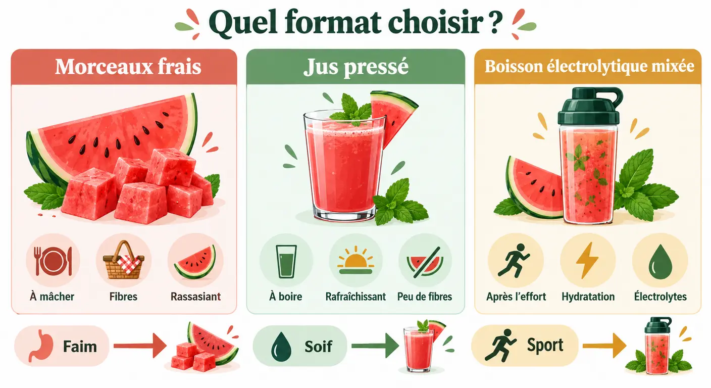 Comparatif entre pastèque entière, jus pressé et boisson composée