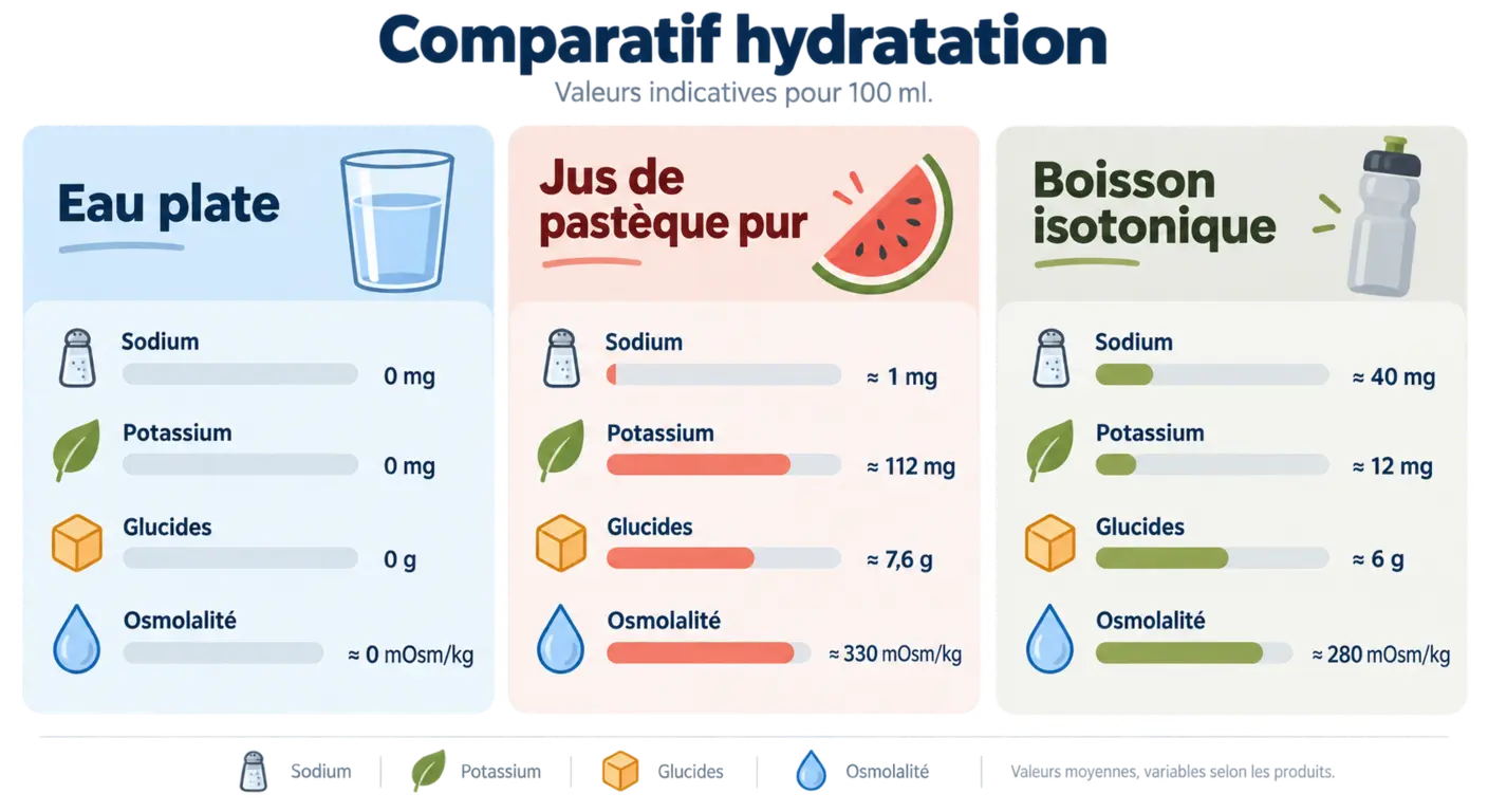 Comparatif entre eau plate, jus de pastèque et boisson isotonique du commerce