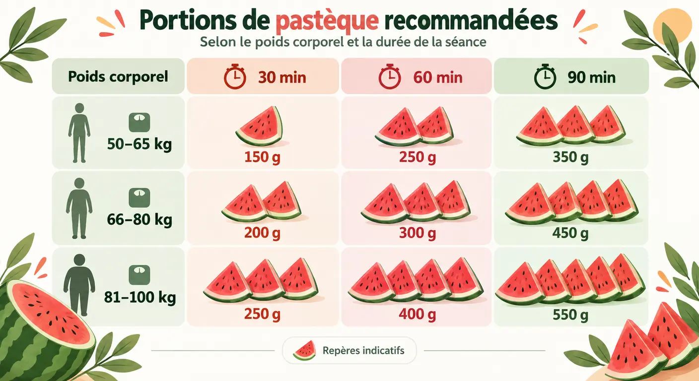 Portions de pastèque recommandées selon le poids corporel et la durée de la séance