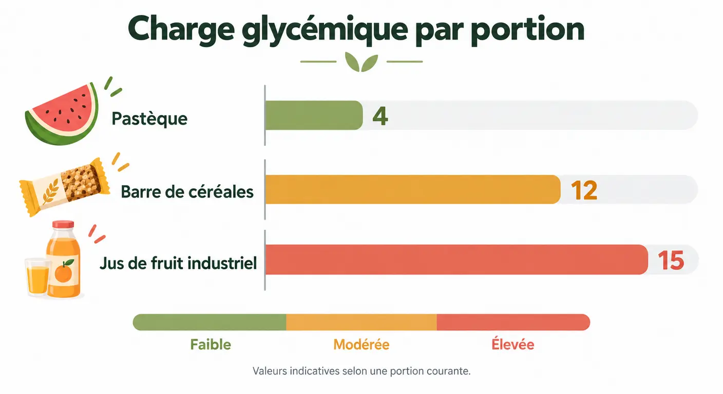 Charge glycémique d'une portion de pastèque comparée à des collations courantes